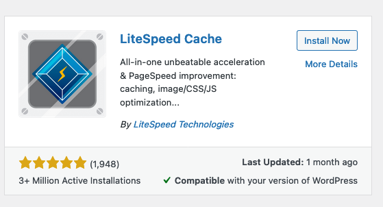 Screenshot from WordPress Dashoard showing LiteSpeed Cache plugin being installed.